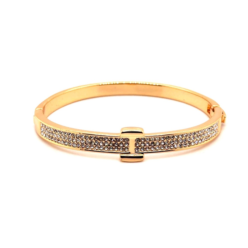 Gold Tone Pave Crystal Hinged Bangle Bracelet T-Motif Clasp Accessory
